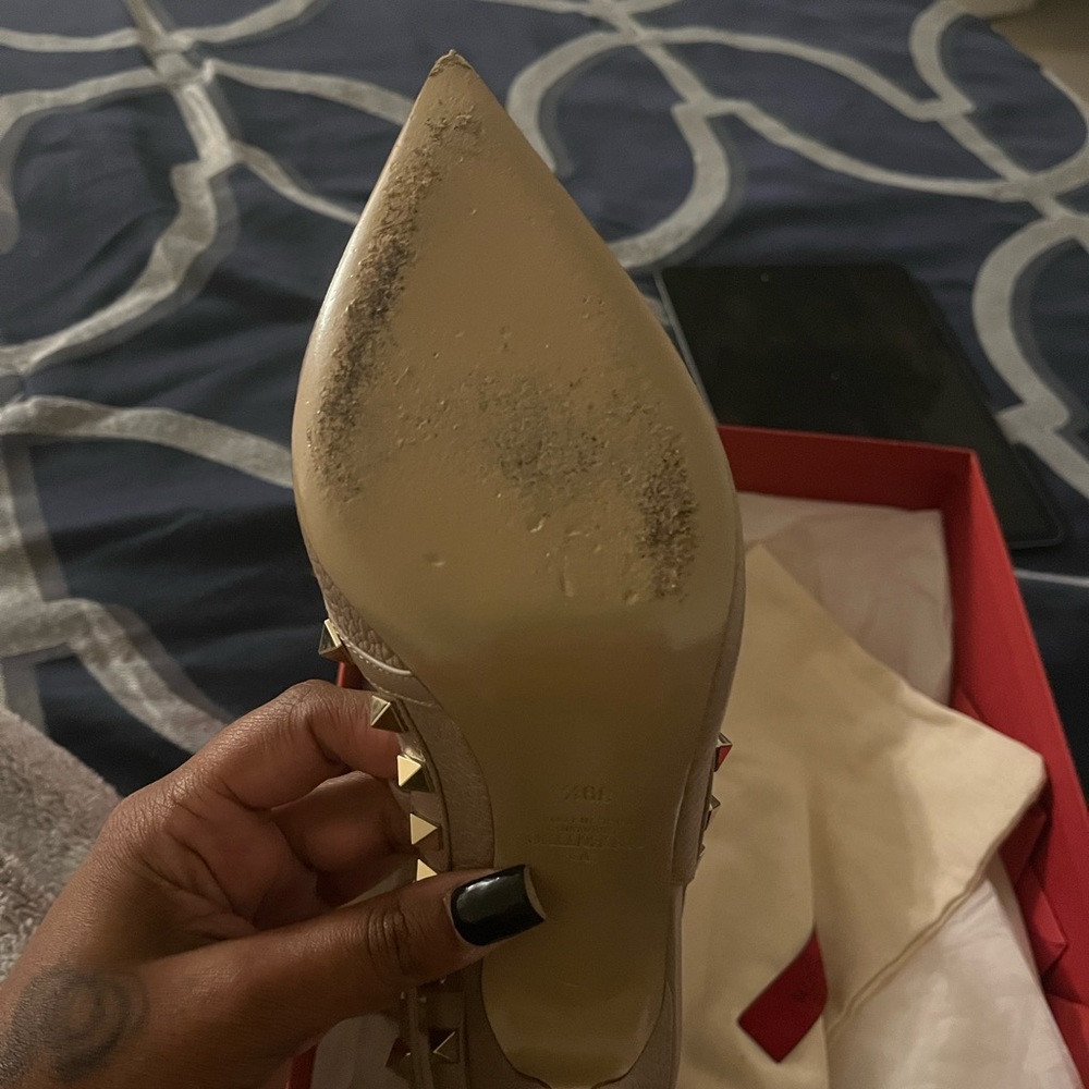 Valentino Garavani Rockstud Leather Pointed Toe Slingbacks in Beige - Picture 7 of 16